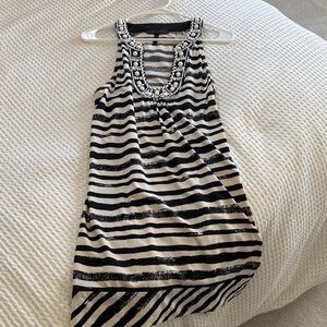 BCBGMAXAZRIA Black and White Striped Dress with Beaded Neckline
